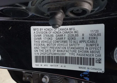 2021 Honda Civic Lx из США, поврежденный, VIN 2HGFC2F62MH522897